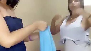Two hot girls vlogging their dress changing-nipple slip(0.36sec) and side boobs show
